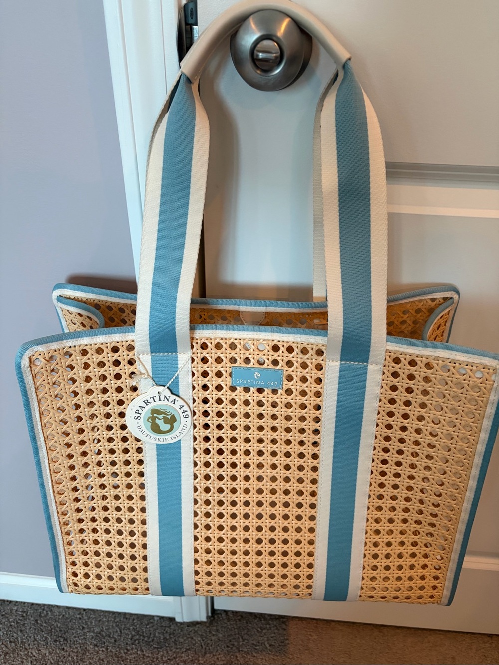 Spartina 449 Natural Woven Tote with Blue & White Straps - Picture 4 of 7